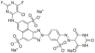 trisodium 7-[(5-chloro-2,6-difluoropyrimidin-4-yl)amino]-2-[4-[(hexahydro-2,4,6-trioxopyrimidin-5-yl)azo]-3-sulphonatophenyl]-2H-naphtho[1,2-d]triazole-5,9-disulphonate  구조식 이미지