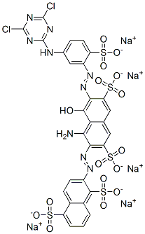 pentasodium 2-[[1-amino-7-[[5-[(4,6-dichloro-1,3,5-triazin-2-yl)amino]-2-sulphonatophenyl]azo]-8-hydroxy-3,6-disulphonato-2-naphthyl]azo]naphthalene-1,5-disulphonate 구조식 이미지