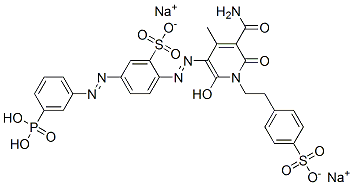 disodium 2-[[5-carbamoyl-1,6-dihydro-2-hydroxy-4-methyl-6-oxo-1-[2-(4-sulphonatophenyl)ethyl]-3-pyridyl]azo]-5-[(3-phosphonophenyl)azo]benzenesulphonate 구조식 이미지