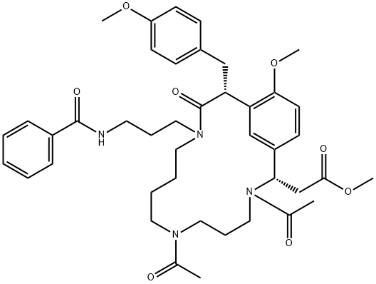 (2S,14R)-3,7-Diacetyl-12-[3-(benzoylamino)propyl]-16-methoxy-14-[(4-methoxyphenyl)methyl]-13-oxo-3,7,12-triazabicyclo[13.3.1]nonadeca-1(19),15,17-triene-2-acetic acid methyl ester 구조식 이미지