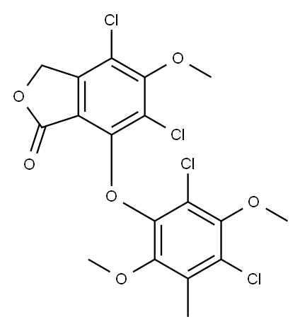 4,6-Dichloro-7-(2,4-dichloro-3,6-dimethoxy-5-methylphenoxy)-5-methoxyisobenzofuran-1(3H)-one 구조식 이미지
