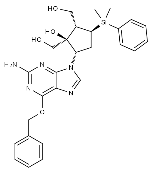 [(1S,2S,3S,5S)-5-[2-Amino-6-(benzyloxy)-9H-purin-9-yl]-3-[dimethyl(phenyl)silyl]-1-hydroxycyclopentane-1,2-diyl]dimethanol 구조식 이미지