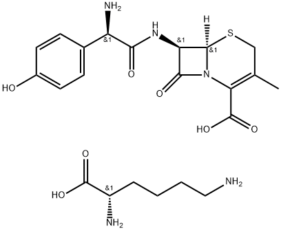 L-lysine mono[[6R-[6alpha,7beta(R*)]]-7-[[amino(4-hydroxyphenyl)acetyl]amino]-3-methyl-8-oxo-5-thia-1-azabicyclo[4.2.0]oct-2-ene-2-carboxylate] Structure