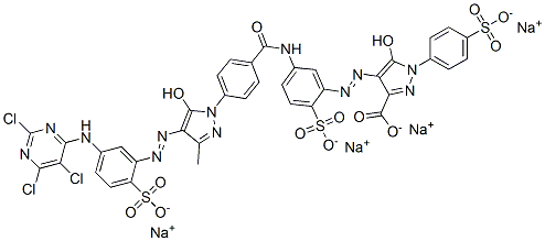 1H-Pyrazole-3-carboxylic acid, 5-hydroxy-4-[[5-[[4-[5-hydroxy-3-methyl-4-[[2-sulfo-5-[(2,5,6-trichloro-4-pyrimidinyl)amino]phenyl]azo]-1H-pyrazol-1-yl]benzoyl]amino]-2-sulfophenyl]azo]-1-(4-sulfophenyl)-, tetrasodium salt 구조식 이미지