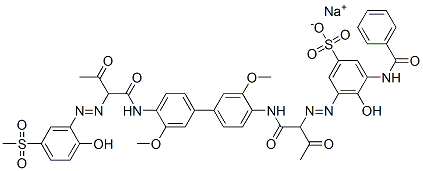 sodium 3-benzamido-4-hydroxy-5-[[1-[[4'-[[2-[[2-hydroxy-5-(methylsulphonyl)phenyl]azo]-1,3-dioxobutyl]amino]-3,3'-dimethoxy[1,1'-biphenyl]-4-yl]carbamoyl]-2-oxopropyl]azo]benzenesulphonate Structure