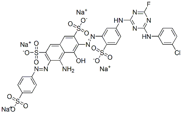 tetrasodium 4-amino-6-[[5-[[4-[(3-chlorophenyl)amino]-6-fluoro-1,3,5-triazin-2-yl]amino]-2-sulphonatophenyl]azo]-5-hydroxy-3-[(4-sulphonatophenyl)azo]naphthalene-2,7-disulphonate 구조식 이미지