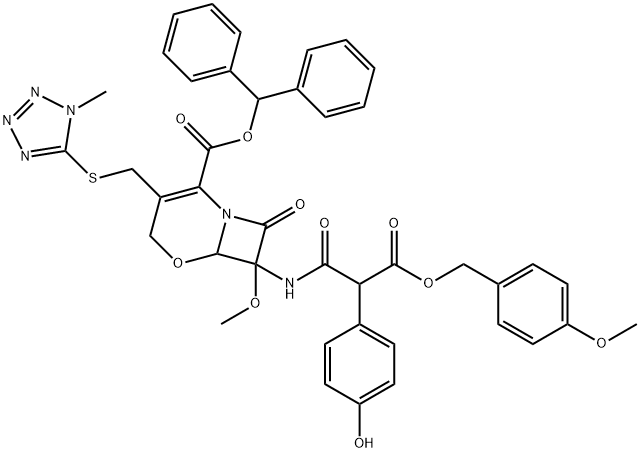 benzhydryl 7-[[2-(4-hydroxyphenyl)-3-(4-methoxybenzyloxy)-3-oxopropionyl]amino]-7-methoxy-3-[[(1-methyl-1H-tetrazol-5-yl)thio]methyl]-8-oxo-5-oxa-1-azabicyclo[4.2.0]oct-2-ene-2-carboxylate Structure