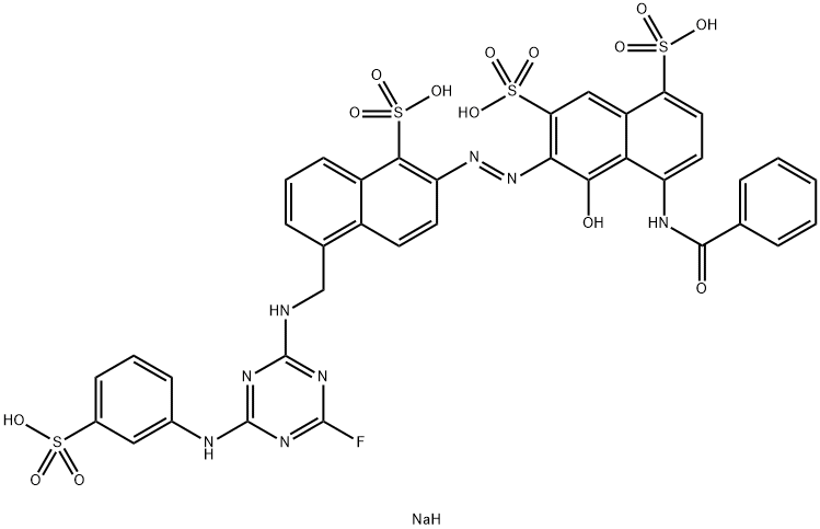 1-Hydroxy-8-benzoylamino-2-[1-sulfo-5-[4-fluoro-6-(3-sulfoanilino)-1,3,5-triazin-2-yl]aminomethyl-2-naphtylazo]-3,5-naphthalenedisulfonic acid tetrasodium salt Structure