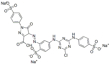 trisodium hydrogen 4-[[5-[[4-chloro-6-[(4-sulphonatophenyl)amino]-1,3,5-triazin-2-yl]amino]-2-sulphonatophenyl]azo]-4,5-dihydro-5-oxo-1-(4-sulphonatophenyl)-1H-pyrazole-3-carboxylate Structure