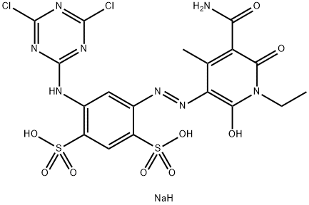 disodium 4-[[5-(aminocarbonyl)-1-ethyl-1,6-dihydro-2-hydroxy-4-methyl-6-oxo-3-pyridyl]azo]-6-[(4,6-dichloro-1,3,5-triazin-2-yl)amino]benzene-1,3-disulphonate 구조식 이미지