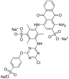 trisodium 1-amino-4-[[3-[[4-chloro-6-(4-sulphonatophenoxy)-1,3,5-triazin-2-yl]amino]-2,4,6-trimethyl-5-sulphonatophenyl]amino]-9,10-dihydro-9,10-dioxoanthracene-2-sulphonate 구조식 이미지
