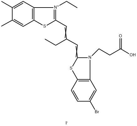 2-[2-[[5-bromo-3-(2-carboxyethyl)-3H-benzothiazol-2-ylidene]methyl]buten-1-yl]-3-ethyl-5,6-dimethylbenzothiazolium iodide  구조식 이미지
