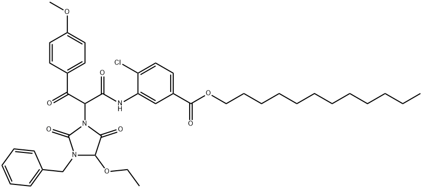 alpha-(4-Methoxybenzoyl)-alpha-(1-benzyl-5-ethoxyhydantion)-2-chloro-5-dodecyloxycarbonyl acetanilide 구조식 이미지