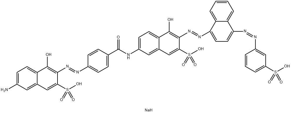 7-[[4-[(6-Amino-1-hydroxy-3-sulfo-2-naphthalenyl)azo]benzoyl]amino]-4-hydroxy-3-[[4-[(3-sulfophenyl)azo]-1-naphthalenyl]azo]-2-naphthalenesulfonic acid trisodium salt 구조식 이미지