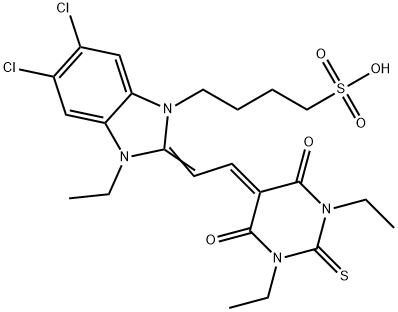 5,6-Dichloro-2-[2-[(1,3-diethylhexahydro-4,6-dioxo-2-thioxopyrimidin)-5-ylidene]ethylidene]-3-ethyl-2,3-dihydro-1H-benzimidazole-1-(1-butanesulfonic acid) 구조식 이미지