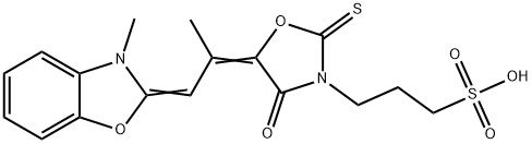 5-[1-Methyl-2-(3-methyl-3H-benzoxazol-2-ylidene)ethylidene]-4-oxo-2-thioxo-3-oxazolidine-1-propanesulfonic acid 구조식 이미지