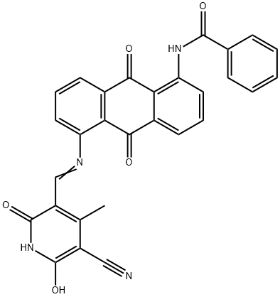 N-[5-[[(5-cyano-1,2-dihydro-6-hydroxy-4-methyl-2-oxo-3-pyridyl)methylene]amino]-9,10-dihydro-9,10-dioxo-1-anthryl]benzamide 구조식 이미지