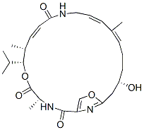 (4R,7R,8R,9E,14E,16E,20S)-20-Hydroxy-7-isopropyl-4,8,16-trimethyl-6,23-dioxa-3,12,25-triazabicyclo[20.2.1]pentacosa-1(24),9,14,16,22(25)-pentaene-2,5,11-trione 구조식 이미지