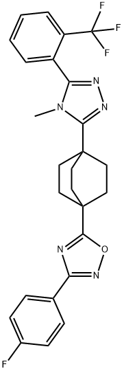 3-(4-FLUOROPHENYL)-5-(4-(4-METHYL-5-(2-(TRIFLUOROMETHYL)PHENYL)-4H-1,2,4-TRIAZOL-3-YL)BICYCLO[2.2.2]OCTAN-1-YL)-1,2,4-OXADIAZOLE 구조식 이미지