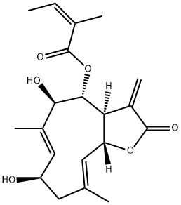 (Z)-2-Methyl-2-butenoic acid [(3aS,4R,5R,6E,8R,10E,11aR)-2,3,3a,4,5,8,9,11a-octahydro-5,8-dihydroxy-6,10-dimethyl-3-methylene-2-oxocyclodeca[b]furan-4-yl] ester 구조식 이미지