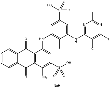 disodium 1-amino-4-[[3-[(5-chloro-2,6-difluoro-4-pyrimidinyl)amino]-2-methyl-5-sulphonatophenyl]amino]-9,10-dihydro-9,10-dioxoanthracene-2-sulphonate 구조식 이미지