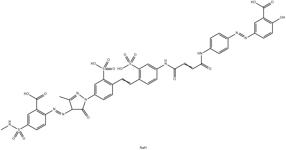 Benzoic acid, 2-[[1-[4-[2-[4-[[4-[[4-[(3-carboxy-4-hydroxyphenyl)azo]phenyl]amino]-1,4-dioxo-2-butenyl]amino]-2-sulfophenyl]ethenyl]-3-sulfophenyl]-4,5-dihydro-3-methyl-5-oxo-1H-pyrazol-4-yl]azo]-5-[(methylamino)sulfonyl]-, tetrasodium salt 구조식 이미지