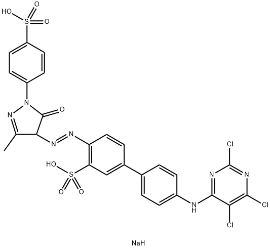 disodium 4-[[4,5-dihydro-3-methyl-5-oxo-1-(4-sulphonatophenyl)-1H-pyrazol-4-yl]azo]-4'-[(2,5,6-trichloropyrimidin-4-yl)amino][1,1'-biphenyl]-3-sulphonate 구조식 이미지