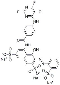 trisodium 5-[[4-[(5-chloro-2,6-difluoro-4-pyrimidinyl)amino]benzoyl]amino]-4-hydroxy-3-[(2-sulphonatophenyl)azo]naphthalene-2,7-disulphonate  Structure