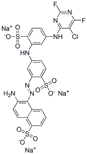 trisodium 6-amino-5-[[5-[[5-[(5-chloro-2,6-difluoropyrimidin-4-yl)amino]-2-sulphonatophenyl]amino]-2-sulphonatophenyl]azo]naphthalene-1-sulphonate 구조식 이미지