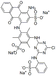 trisodium 1-amino-4-[[3-[[4-chloro-6-[(sulphonatophenyl)amino]-1,3,5-triazin-2-yl]amino]-2,4,6-trimethyl-5-sulphonatophenyl]amino]-9,10-dihydro-9,10-dioxoanthracene-2-sulphonate 구조식 이미지