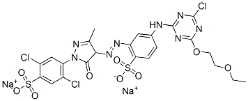 disodium 2,5-dichloro-4-[4-[[3-[[4-chloro-6-(2-ethoxyethoxy)-1,3,5-triazin-2-yl]amino]-6-sulphonatophenyl]azo]-4,5-dihydro-3-methyl-5-oxo-1H-pyrazol-1-yl]benzenesulphonate  구조식 이미지