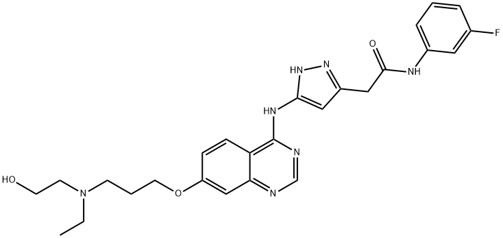 1H-Pyrazole-3-acetamide, 5-[[7-[3-[ethyl(2-hydroxyethyl)amino]propoxy]-4-quinazolinyl]amino]-N-(3-fluorophenyl)- Structure