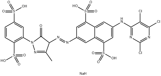 3-[[[1-(2,5-Disulfophenyl)-4,5-dihydro-3-methyl-5-oxo-1H-pyrazol]-4-yl]azo]-7-[(2,5,6-trichloro-4-pyrimidinyl)amino]-1,5-naphthalenedisulfonic acid tetrasodium salt 구조식 이미지