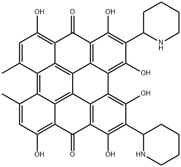 Phenanthro(1,10,9,8-opqra)perylene-7,14-dione, 1,3,4,6,8,13-hexahydrox y-10,11-dimethyl-2,5-di-2-piperidinyl- 구조식 이미지