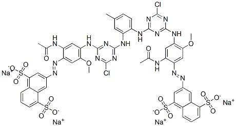 tetrasodium 3,3'-[(4-methyl-1,2-phenylene)bis[imino(6-chloro-1,3,5-triazine-4,2-diyl)imino[2-(acetylamino)-5-methoxy-4,1-phenylene]azo]]bisnaphthalene-1,5-disulphonate 구조식 이미지