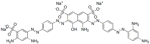 4-Amino-3-[[4-[(2,4-diaminophenyl)azo]phenyl]azo]-6-[[4-[(2,4-diamino-5-sulfophenyl)azo]phenyl]azo]-5-hydroxy-2,7-naphthalenedisulfonic acid trisodium salt 구조식 이미지