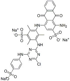 trisodium 1-amino-4-[[3-[[4-chloro-6-[(4-sulphonatophenyl)amino]-1,3,5-triazin-2-yl]amino]-2,4,6-trimethyl-5-sulphonatophenyl]amino]-9,10-dihydro-9,10-dioxoanthracene-2-sulphonate 구조식 이미지