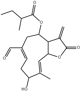 2-Methylbutanoic acid [(3aR,4R,9S,11aR)-6-formyl-2,3,3a,4,5,8,9,11a-octahydro-9-hydroxy-10-methyl-3-methylene-2-oxocyclodeca[b]furan-4-yl] ester 구조식 이미지