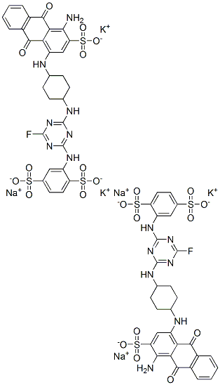 2-[[4-[[4-[(4-amino-9,10-dihydro-9,10-dioxo-3-sulpho-1-anthryl)amino]cyclohexyl]amino]-6-fluoro-1,3,5-triazin-2-yl]amino]benzene-1,4-disulphonic acid, potassium sodium salt 구조식 이미지