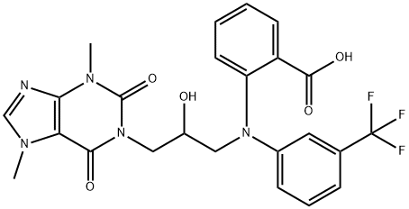 Benzoic  acid,  2-[[2-hydroxy-3-(2,3,6,7-tetrahydro-3,7-dimethyl-2,6-dioxo-1H-purin-1-yl)propyl][3-(trifluoromethyl)phenyl]amino]- 구조식 이미지