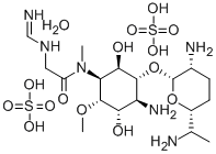 L-chiro-Inositol, 4-amino-1,4-dideoxy-3-O-(2,6-diamino-2,3,4,6,7-penta deoxy-beta-L-lyxo-heptopyranosyl)-6-O-methyl-1-(2-(formimidoylamino)-N -methylacetamido)-, sulfate (1:2), hydrate Structure