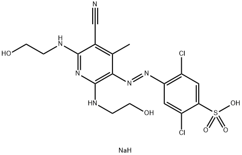 sodium 2,5-dichloro-4-[[5-cyano-2,6-bis[(2-hydroxyethyl)amino]-4-methyl-3-pyridyl]azo]benzenesulphonate  구조식 이미지