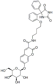 N-[4-[2-(2,5-dioxo-4-phenylimidazolidin-4-yl)phenoxy]butyl]-7-(beta-D-galactopyranosyloxy)-2-oxo-2H-1-benzopyran-3-carboxamide  구조식 이미지