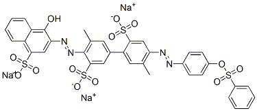 4'-((1-Hydroxy-4-sulfo-2-naphthalenyl)azo)-5,5'-dimethyl-4-((4- ((phenylsulfonyl)oxy)phenyl)azo)- (1,1'-biphenyl)-2,3'-disulfonate trisodium salt 구조식 이미지