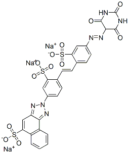 trisodium 2-[4-[2-[4-[(hexahydro-2,4,6-trioxopyrimidin-5-yl)azo]-2-sulphonatophenyl]vinyl]-3-sulphonatophenyl]-2H-naphtho[1,2-d]triazole-5-sulphonate 구조식 이미지