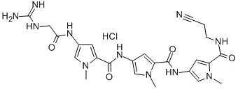 1H-Pyrrole-2-carboxamide, 4-(((4-((((aminoiminomethyl)amino)acetyl)ami no)-1-methyl-1H-pyrrol-2-yl)carbonyl)amino)-N-(5-(((2-cyanoethyl)amino )carbonyl)-1-methyl-1H-pyrrol-3-yl)-1-methyl-, monohydrochloride 구조식 이미지