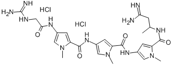 1H-Pyrrole-2-carboxamide, 4-(((4-((((aminoiminomethyl)amino)acetyl)ami no)-1-methyl-1H-pyrrol-2-yl)carbonyl)amino)-N-(5-(((2-(aminoiminomethy l)-1-methylethyl)amino)carbonyl)-1-methyl-1H-pyrrol-3-yl)-1-methyl-, d ihydrochloride 구조식 이미지