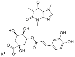 Cyclohexanecarboxylic acid, 3-[[3-(3,4-dihydroxyphenyl)-1-oxo-2-propenyl]oxy]-1,4,5-trihydroxy-, monopotassium salt, [1S-(1alpha,3beta,4alpha,5alpha)]-, compd. with 3,7-dihydro-1,3,7-trimethyl-1H-purine-2,6-dione (1:1) Structure