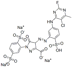 1H-Pyrazole-3-carboxylic acid, 4-[[5-[(5-chloro-2-fluoro- 6-methyl-4-pyrimidinyl)amino]-2-sulfophenyl]azo] -1-(2,5-disulfophenyl)-4,5-dihydro-5-oxo-, trisodium salt 구조식 이미지