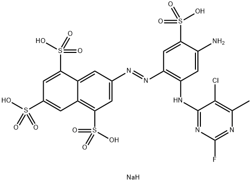 1,3,5-Naphthalenetrisulfonic acid, 7-[[4-amino-2-[(5-chloro- 2-fluoro-6-methyl-4-pyrimidinyl)amino]-5-sulfophenyl ]azo]-, tetrasodium salt Structure